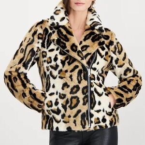 INC International Concepts Faux Fur Leopard Moto Coat